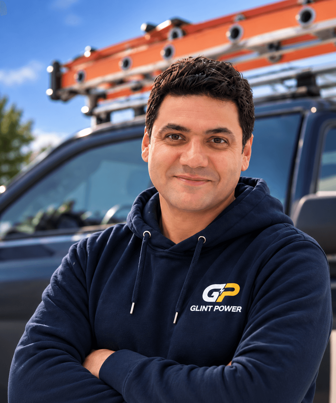 Portrait of a Glint Power electrical contractor in front of a work vehicle, pending likeness approval before naming