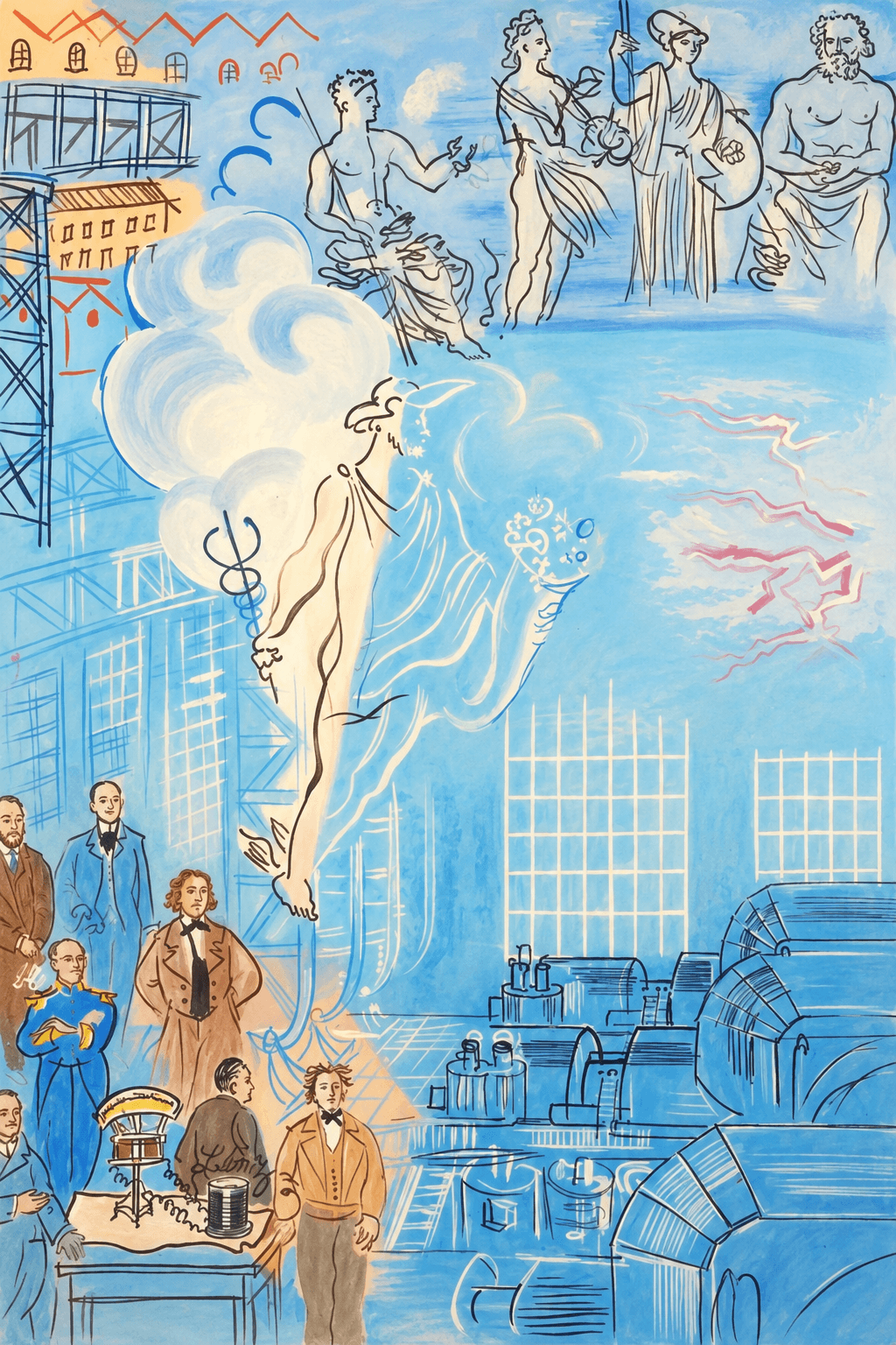 AI-derived electricity artwork interpretation with figures, electrical energy, and industrial machinery
