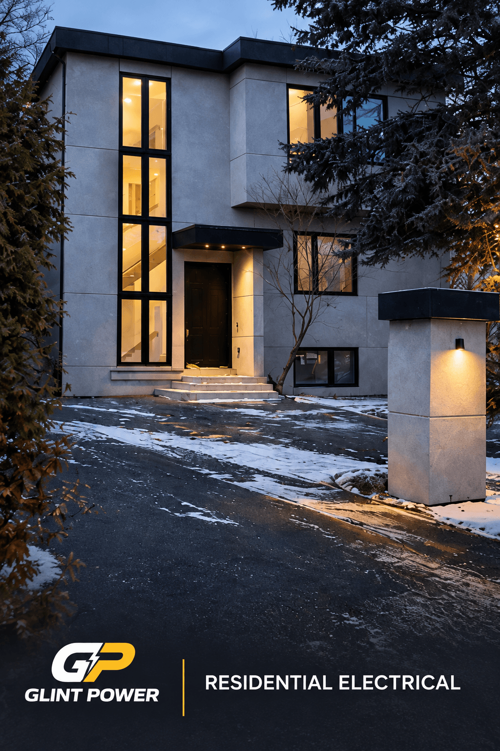Illustrative modern Ontario home exterior with warm residential electrical lighting